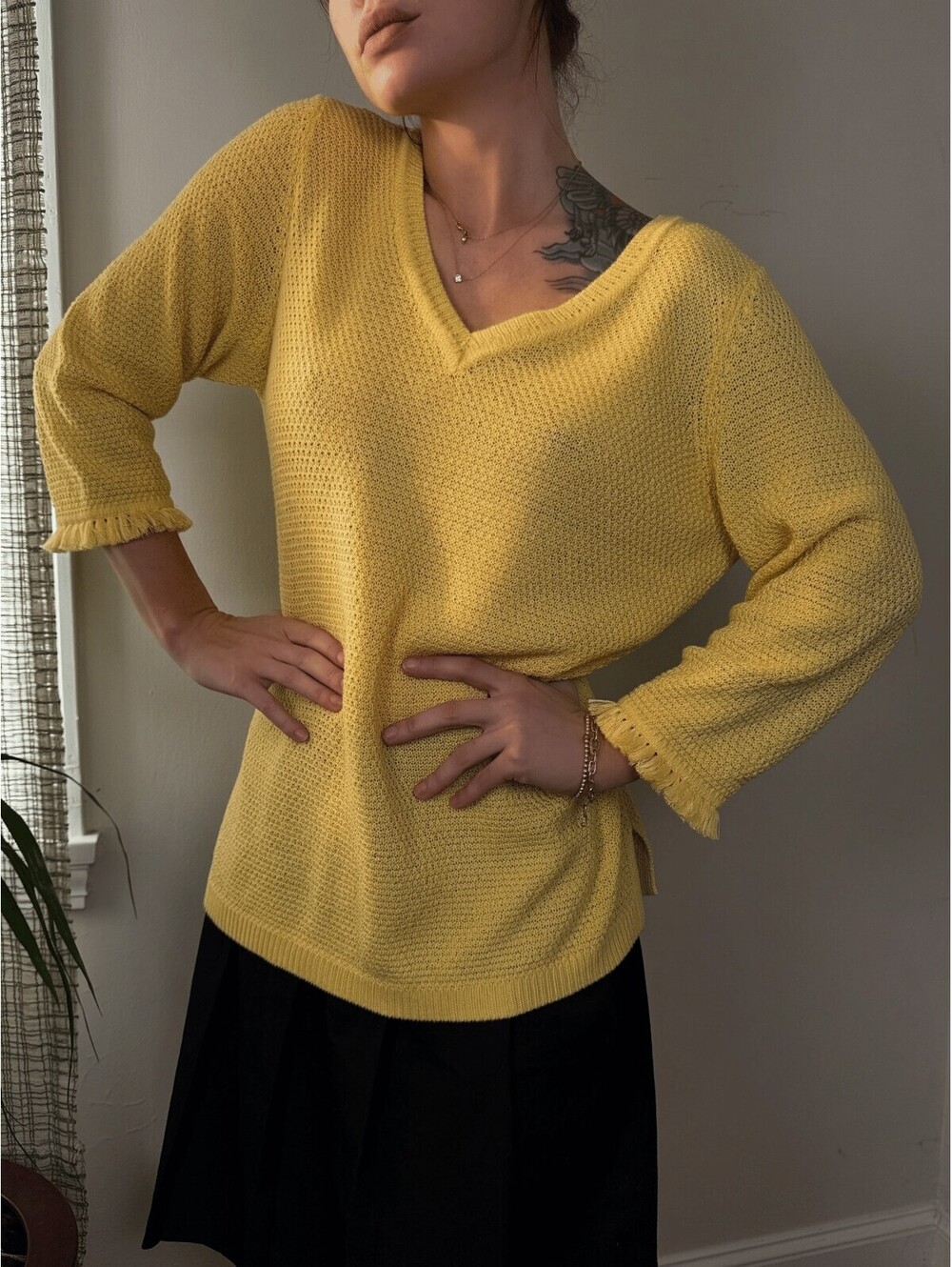 Talbots Butter Yellow Cotton V Neck Fringe Sleeve Sweater M